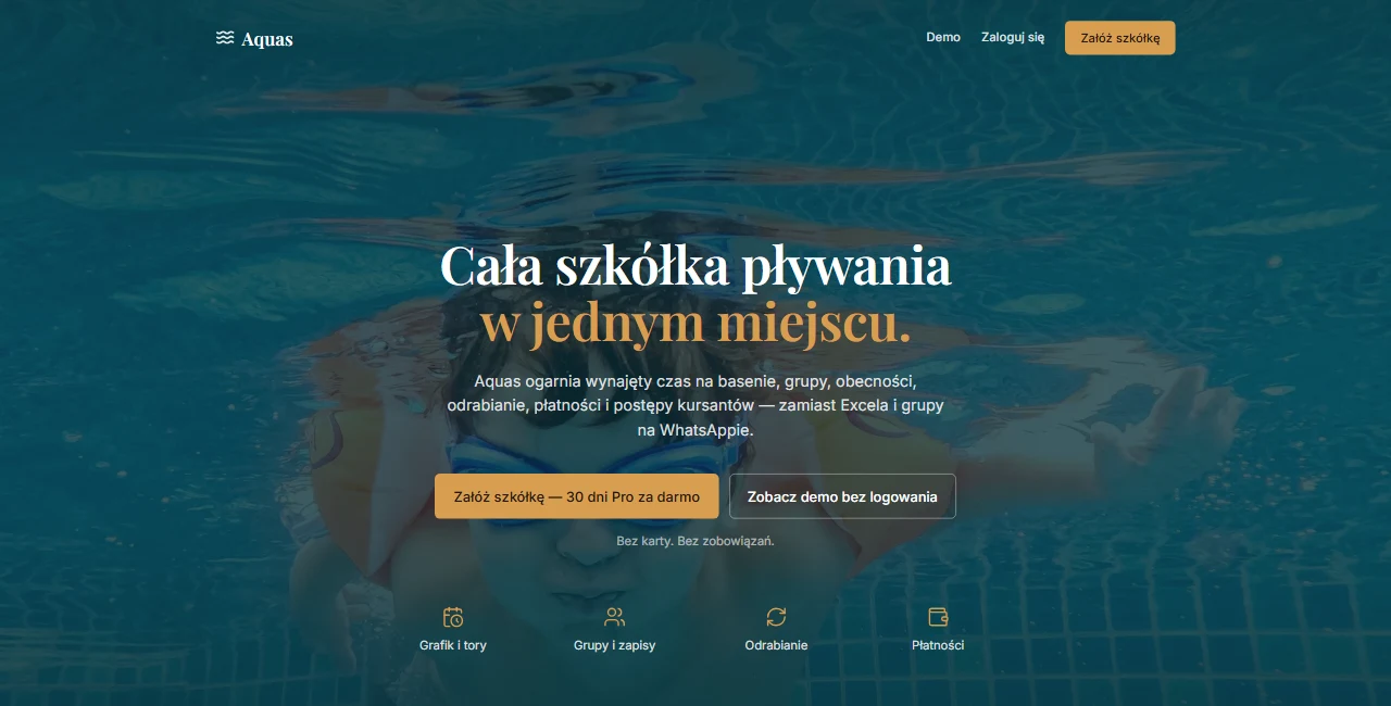 Strona systemu Aquas: zarządzanie szkółką pływania, grafik torów, grupy i płatności