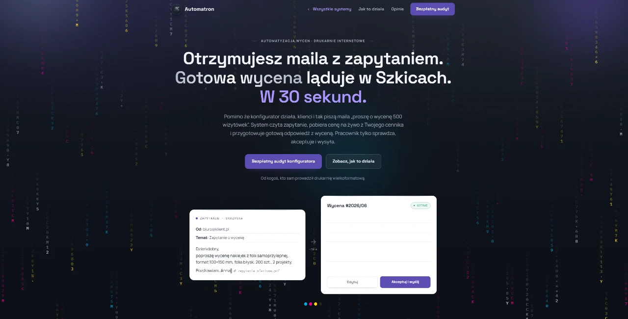 Strona systemu automatycznych wycen: mailowe zapytanie o cenę zamienione w gotowy szkic wyceny
