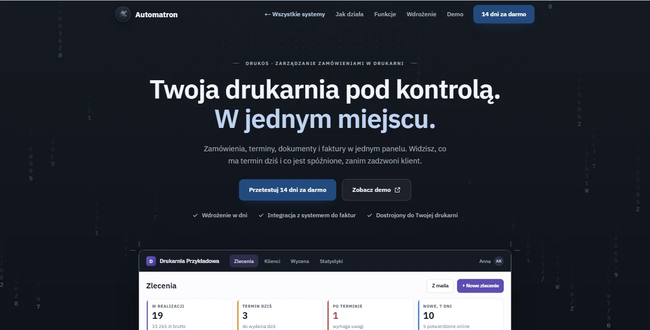 Strona systemu DrukOS: lista zamówień drukarni z terminami i statusami