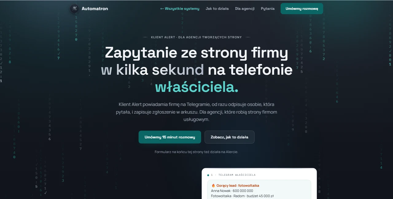Strona systemu Klient Alert: zapytanie ze strony firmy jako powiadomienie na Telegramie