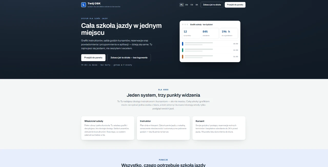 Strona systemu Twój OSK: grafik szkoły, obłożenie instruktorów i salda godzin kursantów