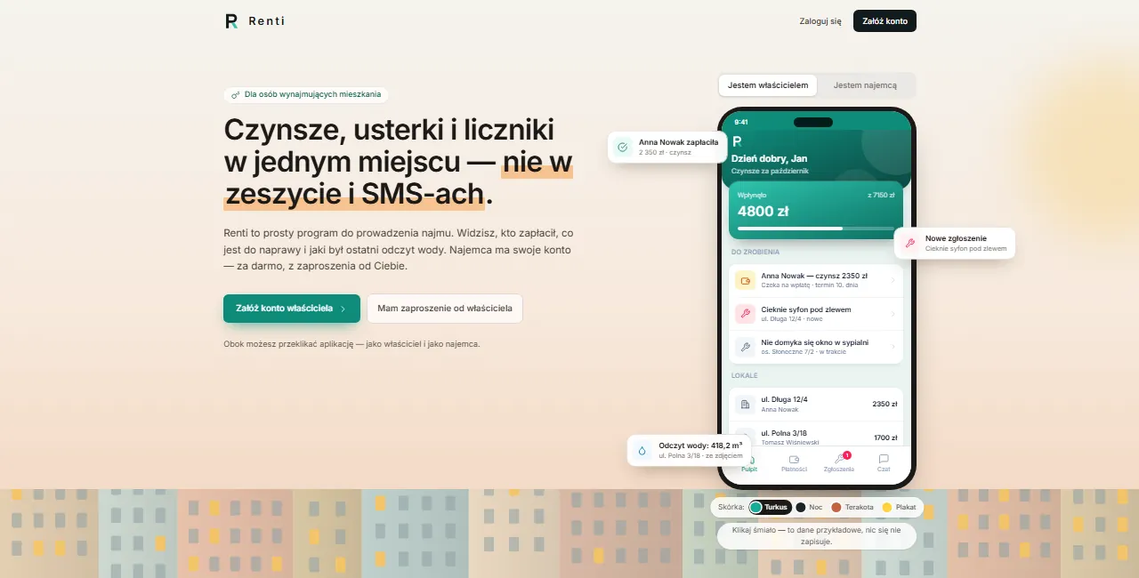 Strona systemu Renti: zarządzanie najmem, umowy, płatności i zgłoszenia